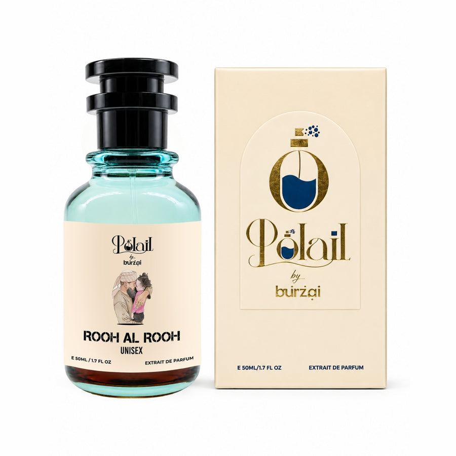 A bottle of Polail by burzai Rooh Al Rooh Unisex perfume next to its cream-colored packaging box, on a solid white background.