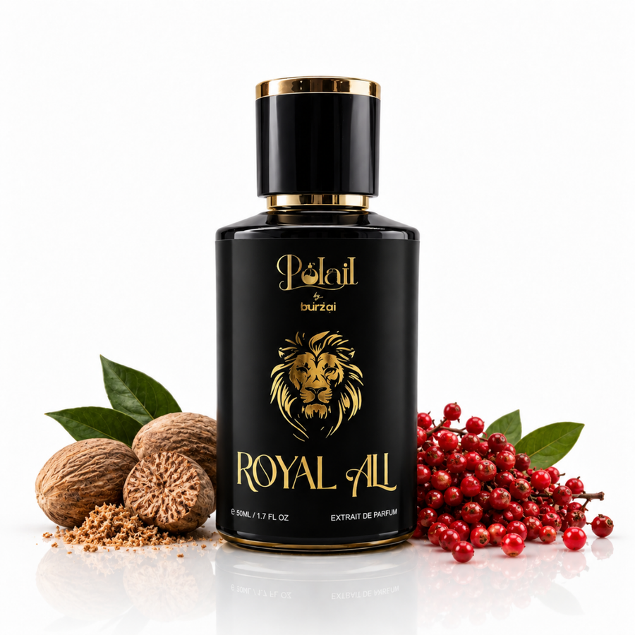A bottle of Polail Burzai Royal All perfume extract, featuring a black bottle with gold lettering and a gold cap, styled with nutmegs, spices, and red berries on a white background.
