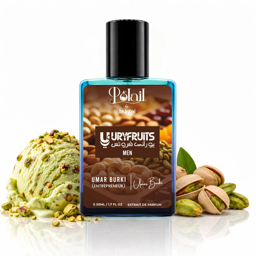 A bottle of Polail by burzai 'UryFruits Men perfume, named Umar Burki, styled with a scoop of pistachio ice cream and whole and cracked pistachios on a reflective white surface.