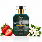 A bottle of Polail by burzai Smasher Women perfume is centered on a white reflective surface, flanked by fresh strawberries on the left and white flowers with green leaves on the right. The bottle has a blue-to-red faceted glass body, a gold neck, and a clear cap.