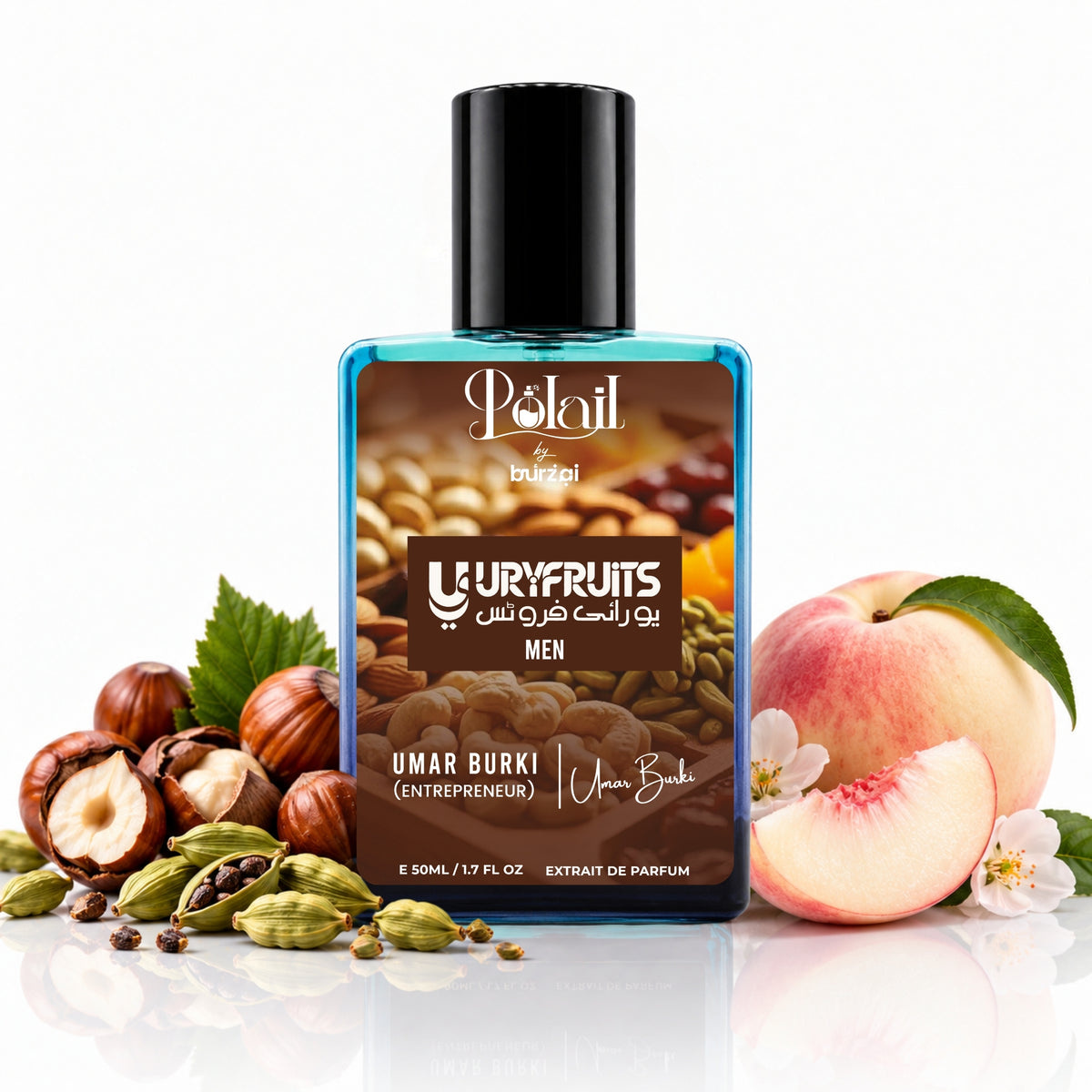 A bottle of Polail by burzai 'UryFruits Men perfume, labeled 'Umar Burki (entrepreneur)', styled with hazelnuts, green cardamom pods, and peach slices on a reflective white surface.
