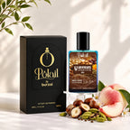 A bottle of Polail by burzai 'UryFruits Men perfume next to its black packaging box, styled with peach slices, hazelnuts, and green leaves on a white surface with leaf shadows.