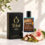 A bottle of Polail by burzai 'UryFruits Men perfume next to its black packaging box, styled with peach slices, hazelnuts, and green leaves on a white surface with leaf shadows.