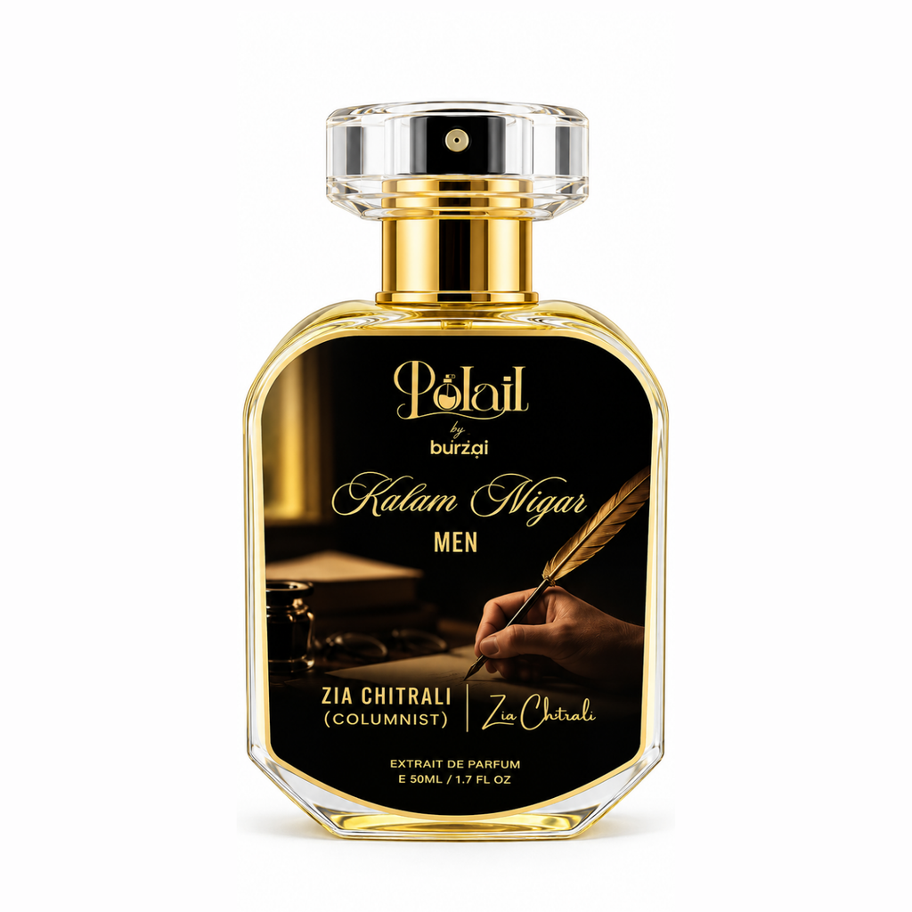 A bottle of Polail burzai Kalam Nigar Men perfume, featuring a clear glass bottle with a gold neck and cap, and a black label with gold lettering and an illustration of a hand holding a quill.