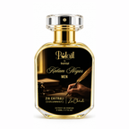 A bottle of Polail burzai Kalam Nigar Men perfume, featuring a clear glass bottle with a gold neck and cap, and a black label with gold lettering and an illustration of a hand holding a quill.