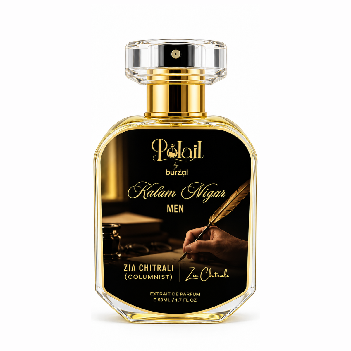 A bottle of Polail burzai Kalam Nigar Men perfume, featuring a clear glass bottle with a gold neck and cap, and a black label with gold lettering and an illustration of a hand holding a quill.