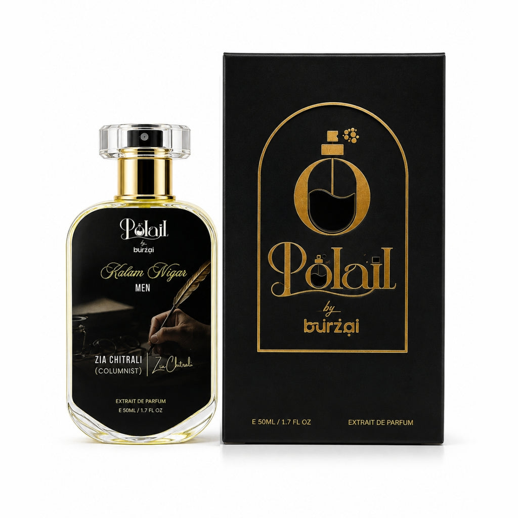 A bottle of Polail by burzai kalam nigar men perfume next to its black and gold packaging box, displayed on a clean white background.