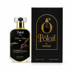 A bottle of Polail by burzai kalam nigar men perfume next to its black and gold packaging box, displayed on a clean white background.