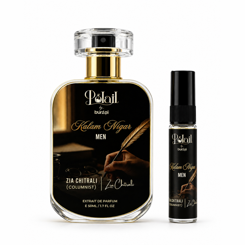 A bottle of Polail by burqi Kalam Nigar Men perfume next to a matching 10ml travel atomizer spray, both featuring a black label with gold lettering and a gold neck collar on a white background.