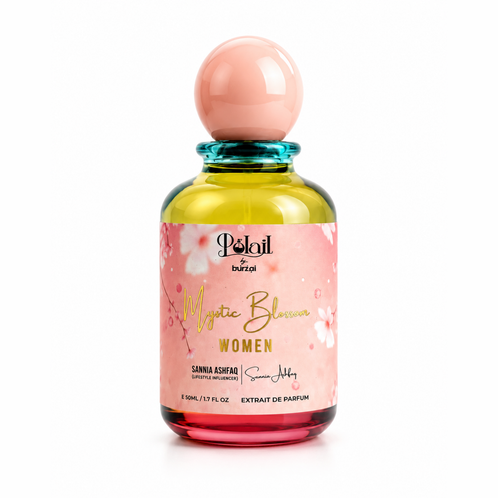 A bottle of 'Polail by burzai Mystic Bloom' women perfume, featuring a pink cherry blossom label, a teal neck collar, and a spherical pink cap, set against a plain white background.