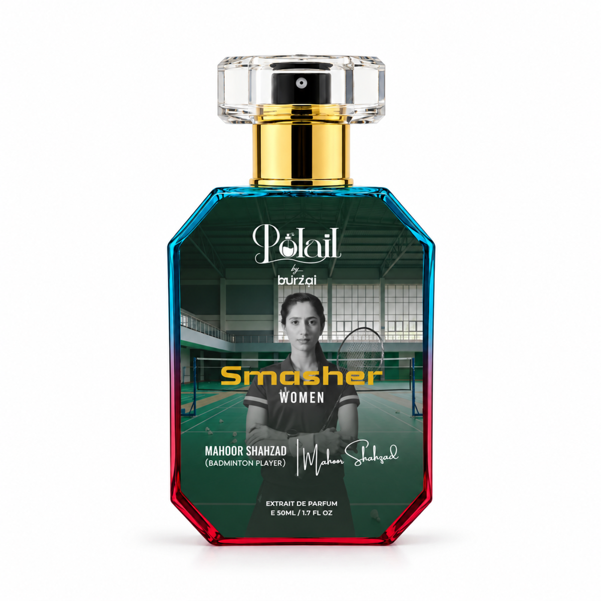 A perfume bottle for Polail by burzai 'Smasher Women' featuring a teal-to-red gradient octagonal glass body with a gold neck and clear cap, on a white background.