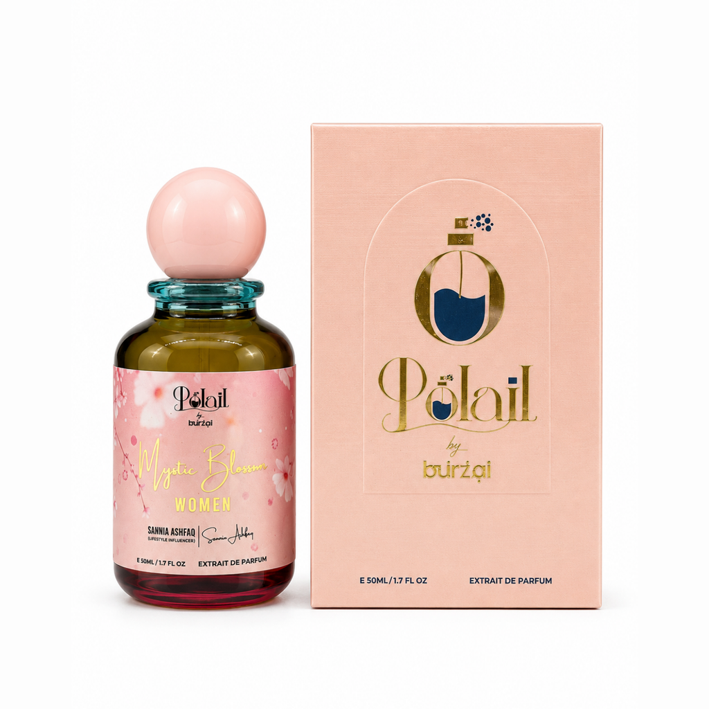 A bottle of 'Polail by burzai Mystic Bloom' women perfume next to its pink packaging box, featuring a pink spherical cap and amber glass bottle.