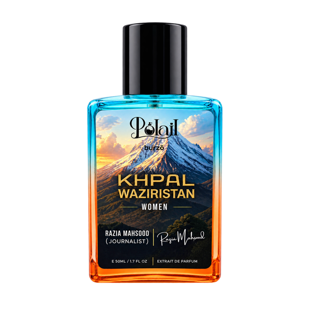 A bottle of Polail by burzai Khpal Waziristan Women perfume, featuring a vibrant blue-to-orange gradient glass bottle with a black cap and a label depicting a snow-capped mountain at sunset.