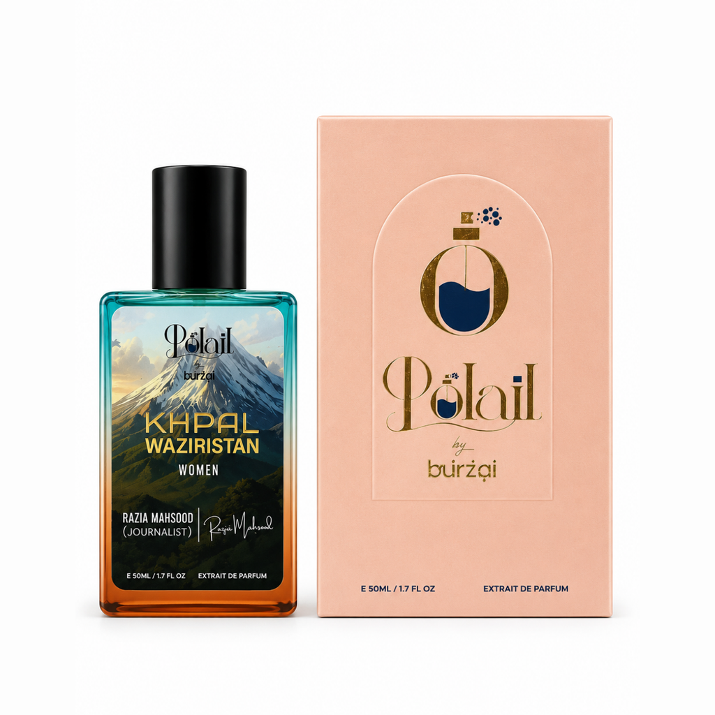 A bottle of Polail by burzai Khpal Waziristan Women perfume  next to its peach-colored packaging box, displayed on a clean white background.