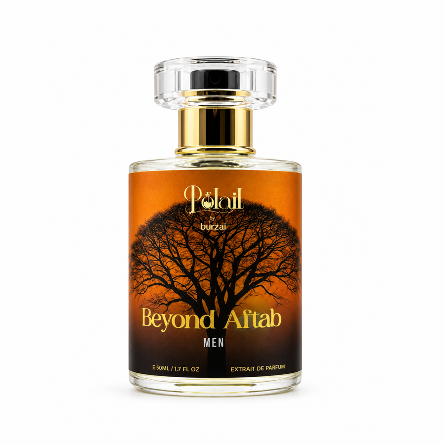 A bottle of polail by burzai beyond aftab Men perfume , featuring a clear glass bottle with a gold neck collar and a label depicting a black tree silhouette against an orange gradient background.