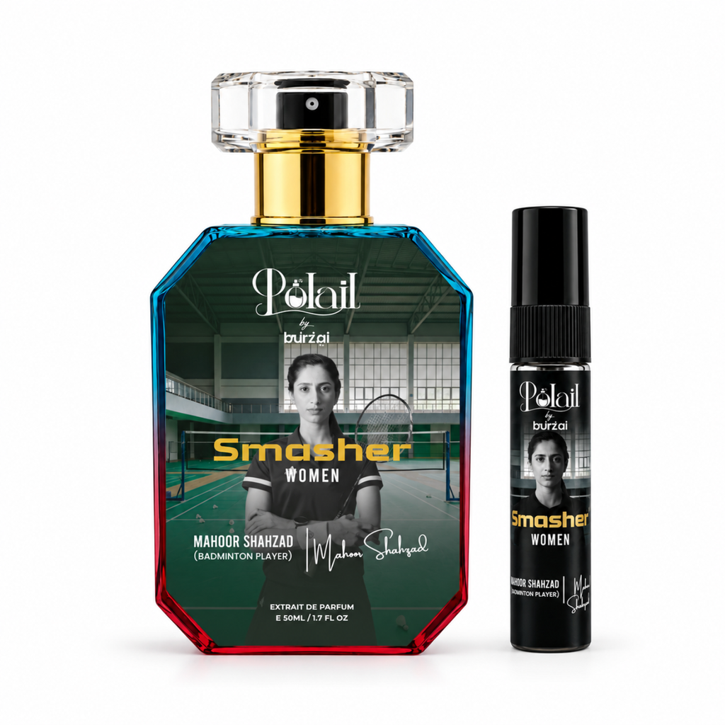 A bottle of Polail by burzai Smasher Women perfume next to a matching travel spray atomizer, both featuring a black and blue graphic design with a tennis player photo, on a white background.