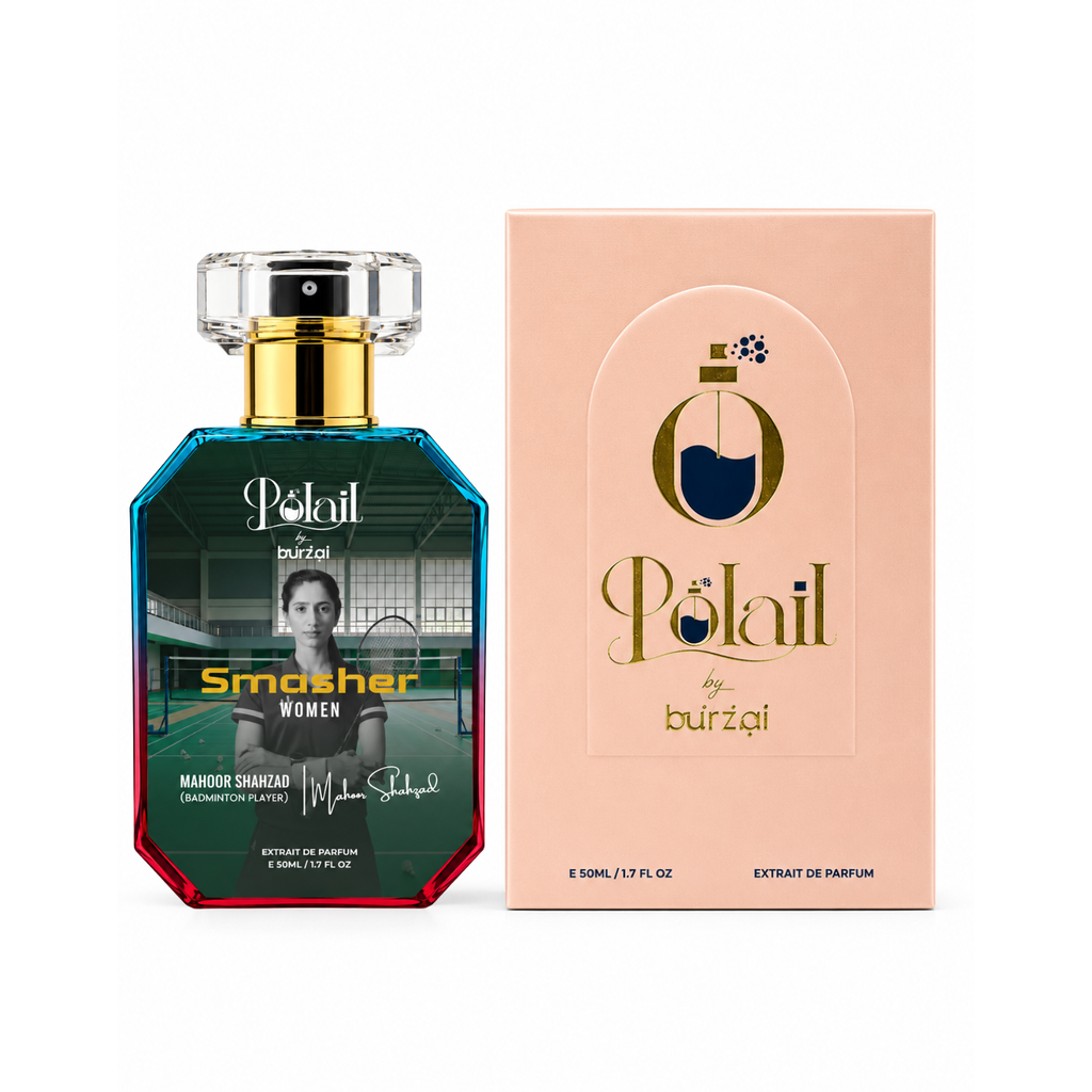 a bottle of women perfume named smashernext to its peach-colored packaging box, displayed on a clean white background.