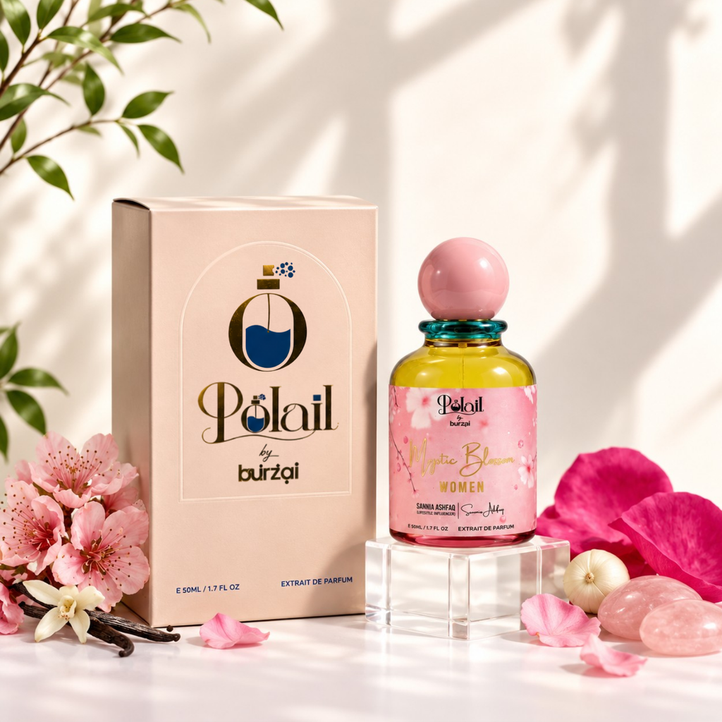 A bottle of'Polail by burzai Mystic Bloom' women perfume with a pink spherical cap and yellow liquid, displayed next to its beige packaging box on a white surface with pink flowers, rose petals, and soft leaf shadows.