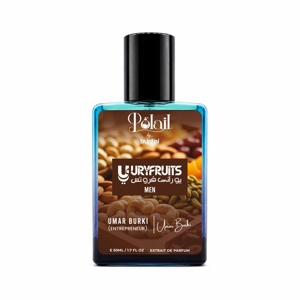 A bottle of  Polail by burzai 'UryFruits Men perfume, featuring a black cap and a label with a blue-tinted background and a brown central section showing nuts and fruits.