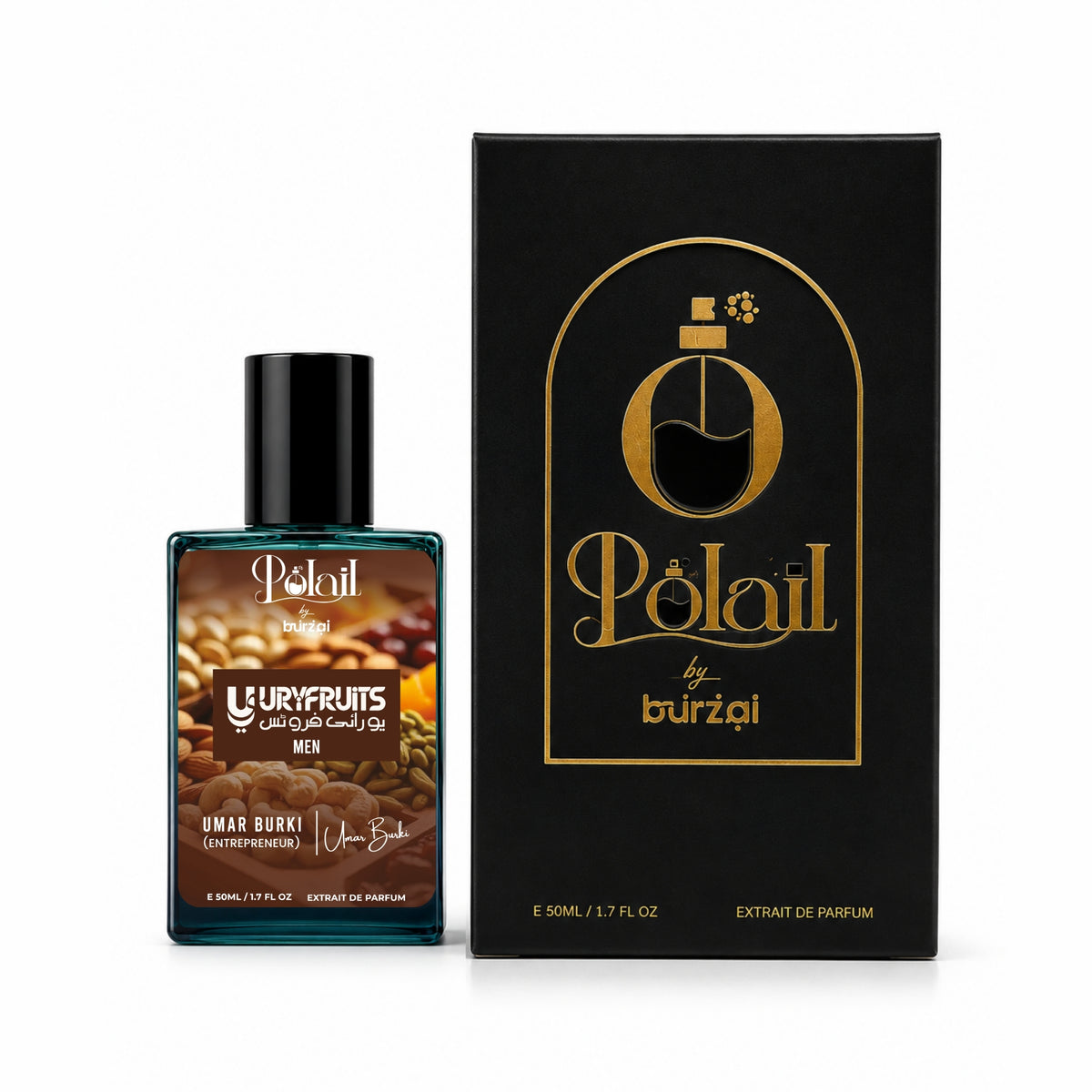 A bottle of  Polail by burzai 'UryFruits Men perfume next to its black packaging box with gold lettering, on a white background.