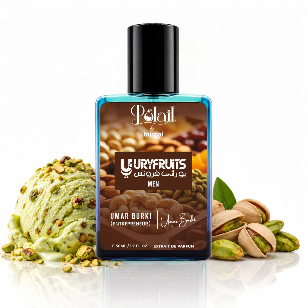 A bottle of Polail by burzai 'UryFruits Men perfume, named Umar Burki, styled with a scoop of pistachio ice cream and whole and cracked pistachios on a reflective white surface.