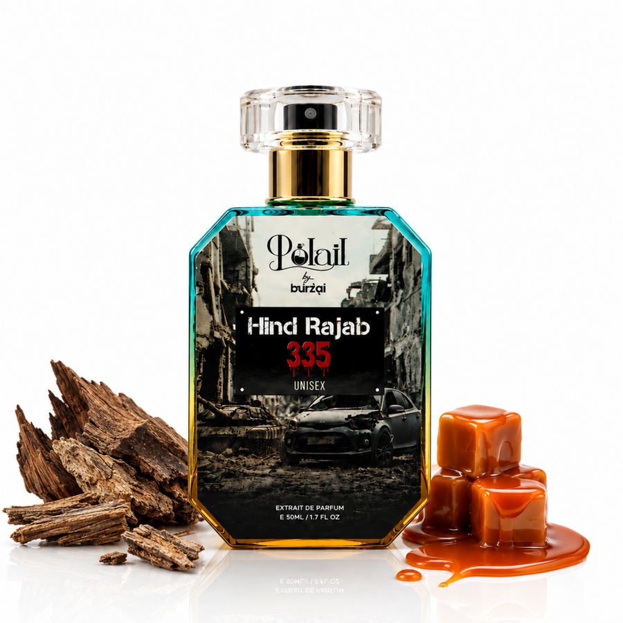 A bottle of Polail by burzai Hind Rajab 335 unisex fragrance, styled with pieces of dark wood and caramel-colored ice cubes on a reflective white surface.